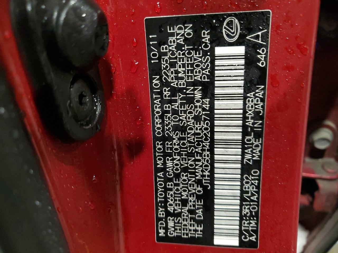2012 Lexus CT VIN JTHKD5BH4C2057144 Copart auction photo, rear end / all over damage thumbnail 14