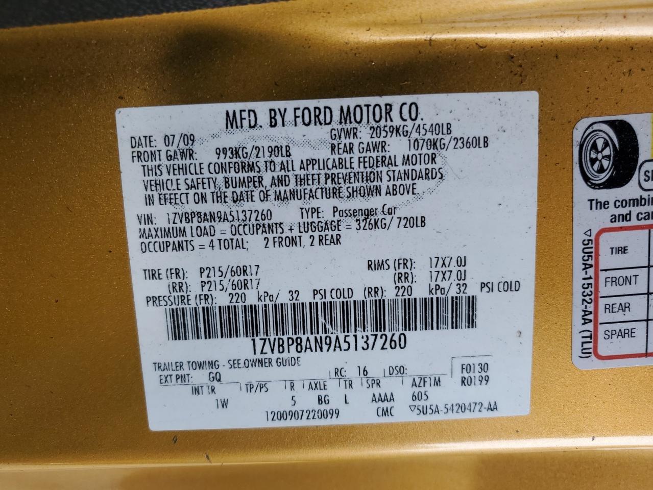 2010 Ford Mustang VIN 1ZVBP8AN9A5137260 Copart auction photo, side / rear end damage thumbnail 12