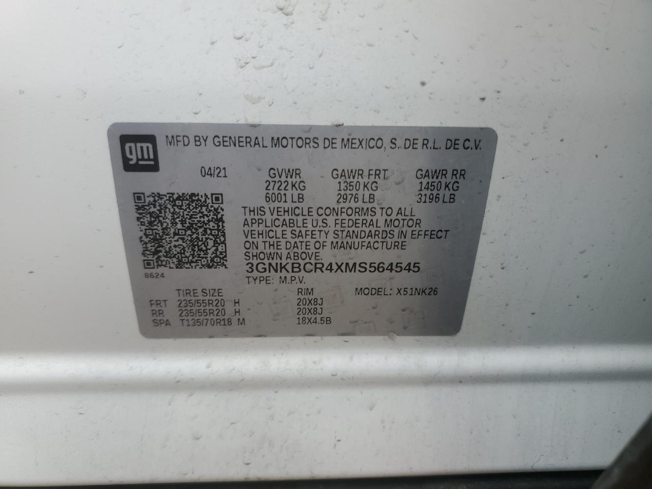 2021 Chevrolet Blazer VIN 3GNKBCR4XMS564545 Copart auction photo, front end damage thumbnail 13