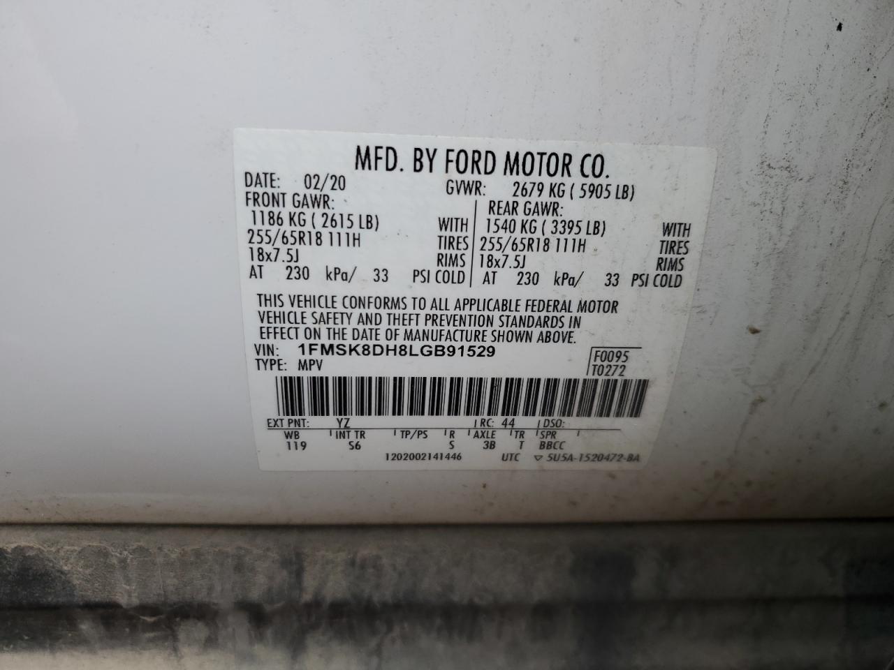 2020 Ford Explorer VIN 1FMSK8DH8LGB91529 Copart auction photo, all over damage thumbnail 13