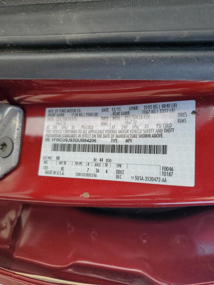2016 Ford Escape VIN 1FMCU9J93GUB84206 Copart auction photo, all over damage thumbnail 15