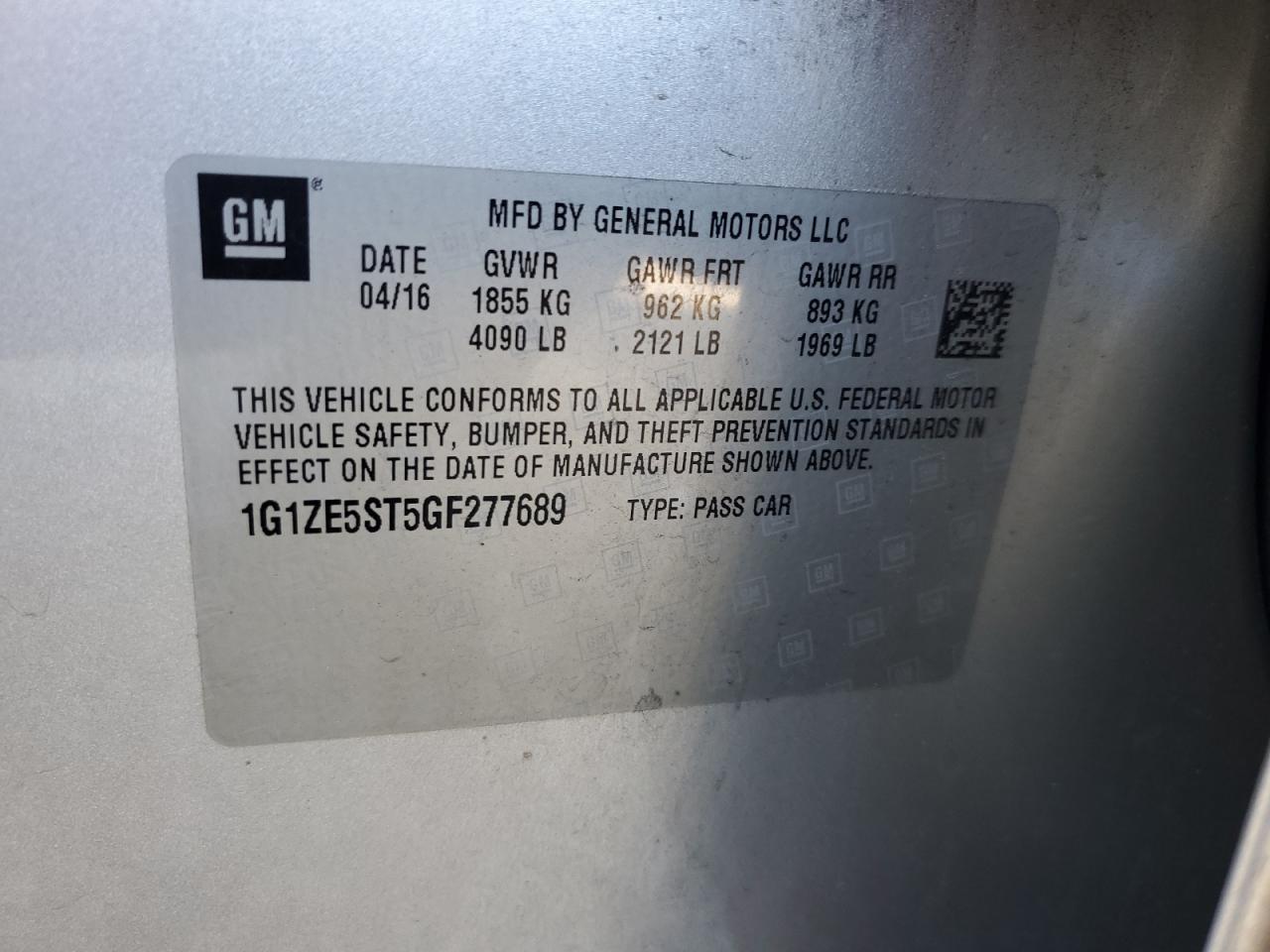 2016 Chevrolet Malibu VIN 1G1ZE5ST5GF277689 Copart auction photo, rear end / side damage thumbnail 12