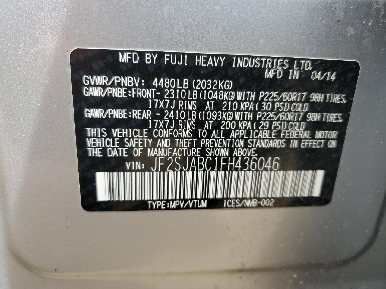 2015 Subaru Forester VIN JF2SJABC1FH436046 Copart auction photo, minor dent/scratches damage thumbnail 13