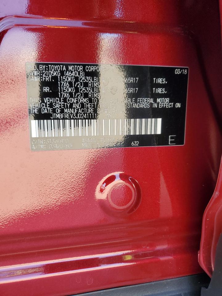 2018 Toyota RAV 4 VIN JTMBFREV3JD241111 Copart auction photo, rear end / side damage thumbnail 13