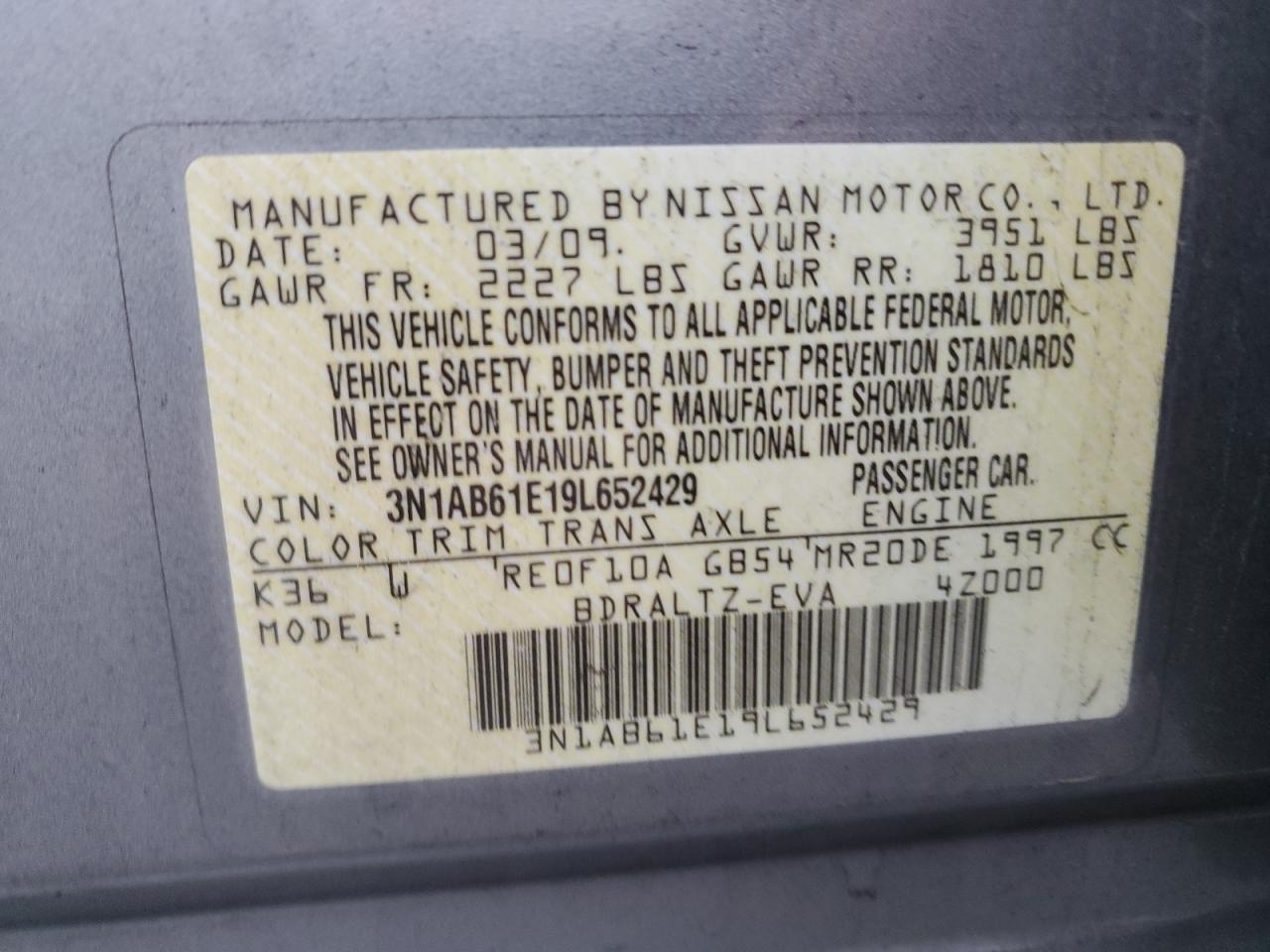 2009 Nissan Sentra VIN 3N1AB61E19L652429 Copart auction photo, mechanical damage thumbnail 12