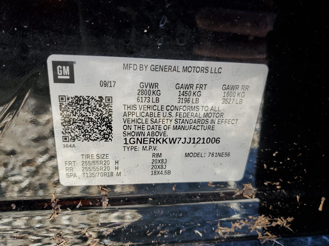 2018 Chevrolet Traverse VIN 1GNERKKW7JJ121006 Copart auction photo, water/flood / minor dent/scratches damage thumbnail 14