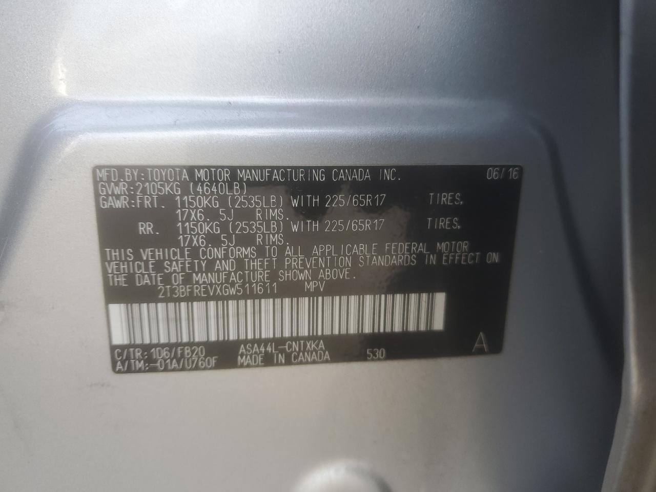 2016 Toyota RAV 4 VIN 2T3BFREVXGW511611 Copart auction photo, rear end damage thumbnail 14