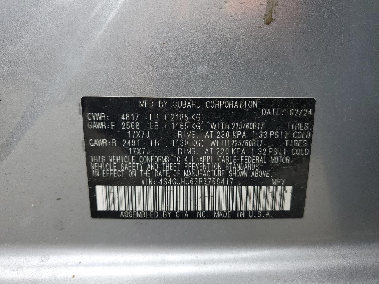 2024 Subaru XV VIN 4S4GUHU63R3768417 Copart auction photo, rear end damage thumbnail 12