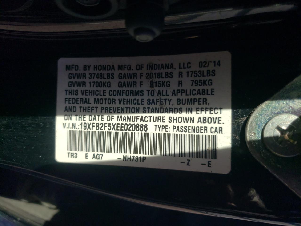 2014 Honda Civic VIN 19XFB2F5XEE020886 Copart auction photo, front end damage thumbnail 12