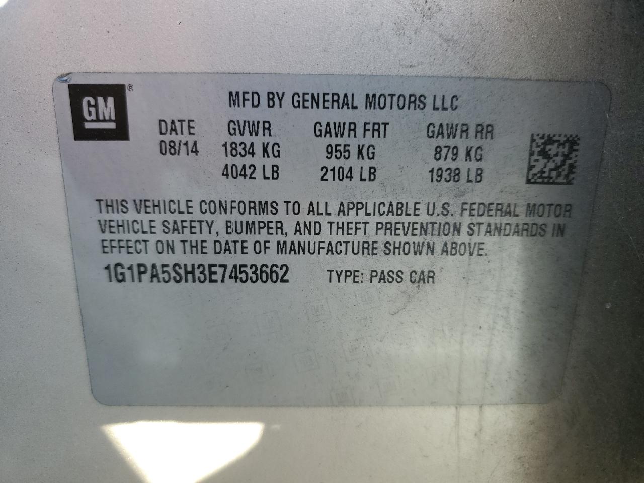 2014 Chevrolet Cruze VIN 1G1PA5SH3E7453662 Copart auction photo, all over damage thumbnail 12