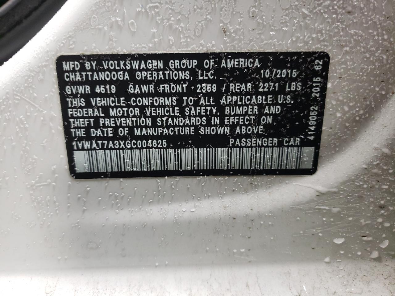 2016 Volkswagen Passat VIN 1VWAT7A3XGC004625 Copart auction photo, all over damage thumbnail 12