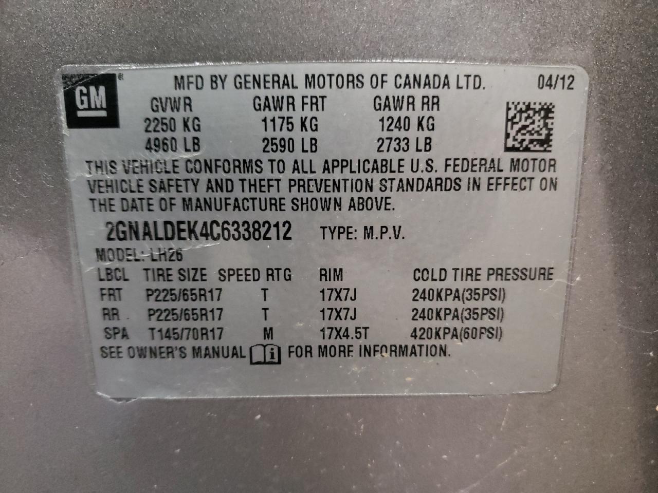 2012 Chevrolet Equinox VIN 2GNALDEK4C6338212 Copart auction photo, side damage thumbnail 13