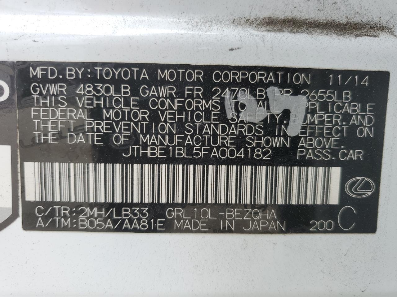 2015 Lexus GS VIN JTHBE1BL5FA004182 Copart auction photo, front end damage thumbnail 12