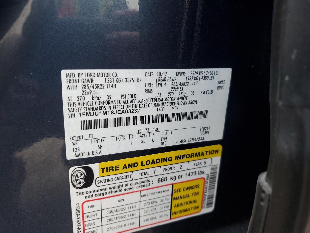2018 Ford Expedition VIN 1FMJU1MT8JEA03232 Copart auction photo, front end damage thumbnail 13
