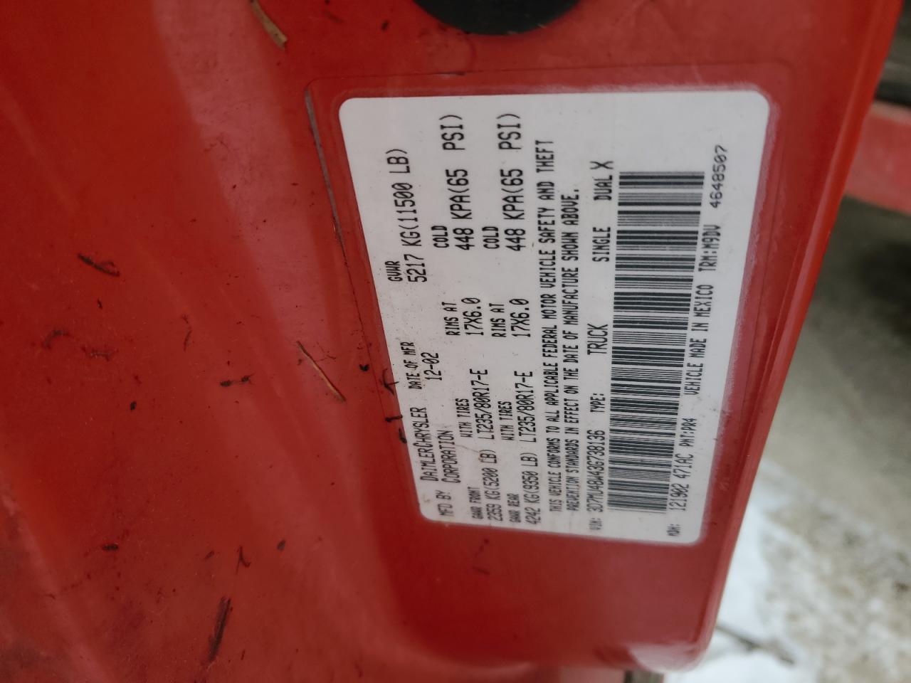 2003 Dodge RAM VIN 3D7MU48W43G738136 Copart auction photo, water/flood / mechanical damage thumbnail 13