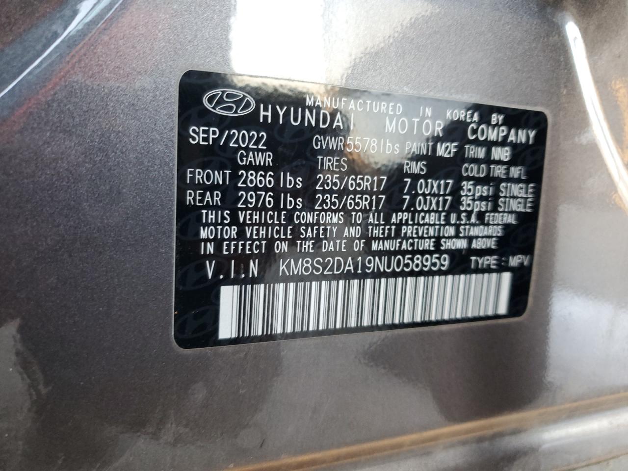 2022 Hyundai Santa Fe VIN KM8S2DA19NU058959 Copart auction photo, front end damage thumbnail 14