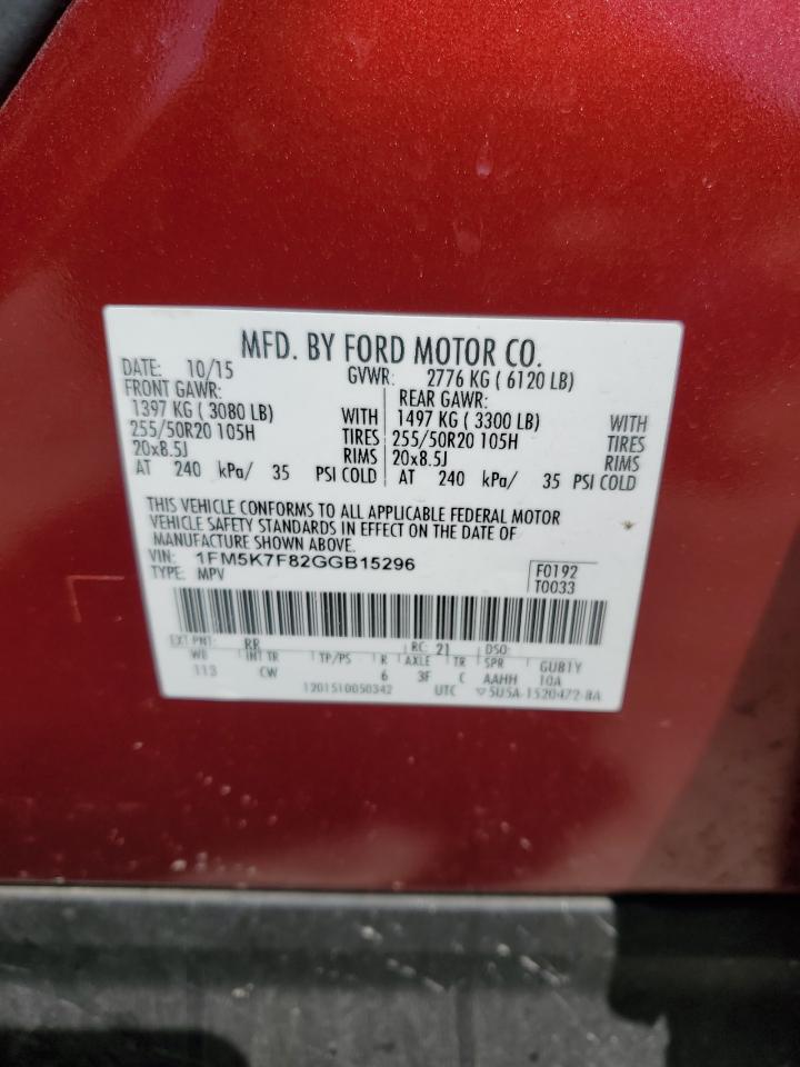 2016 Ford Explorer VIN 1FM5K7F82GGB15296 Copart auction photo, front end damage thumbnail 15
