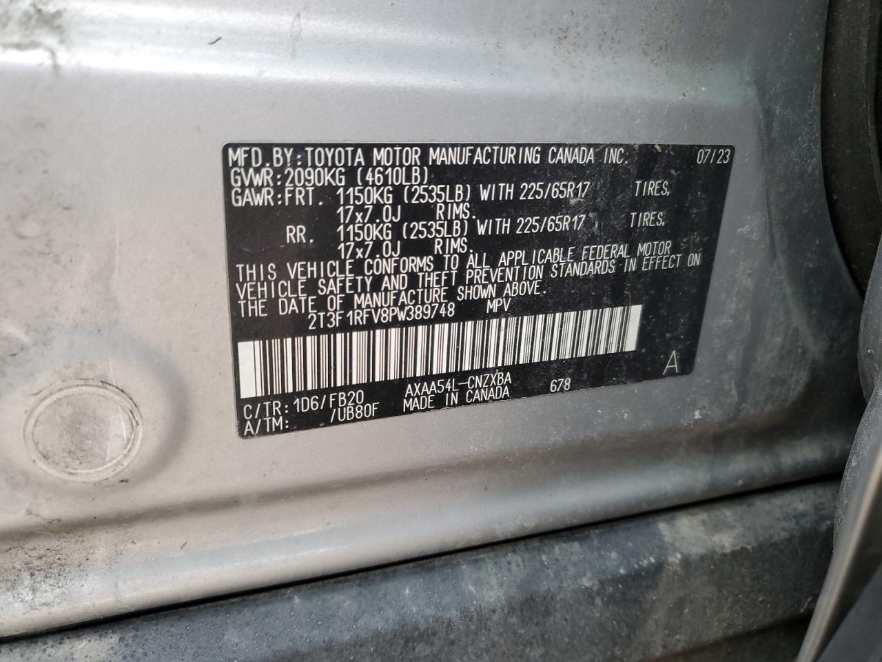 2023 Toyota RAV 4 VIN 2T3F1RFV8PW389748 Copart auction photo, front end / side damage thumbnail 13