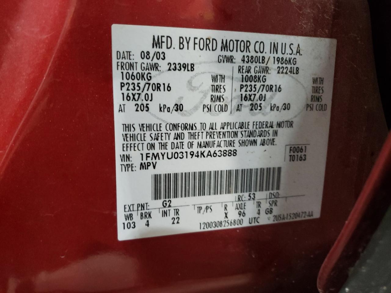 2004 Ford Escape VIN 1FMYU03194KA63888 Copart auction photo, front end / minor dent/scratches damage thumbnail 14