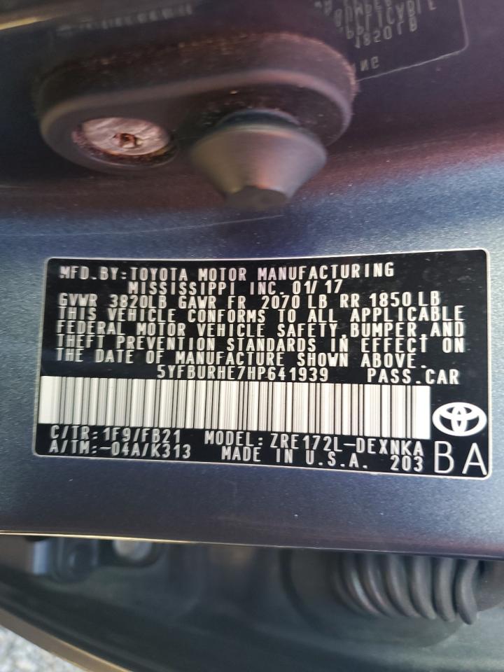 2017 Toyota Corolla VIN 5YFBURHE7HP641939 Copart auction photo, water/flood damage thumbnail 13