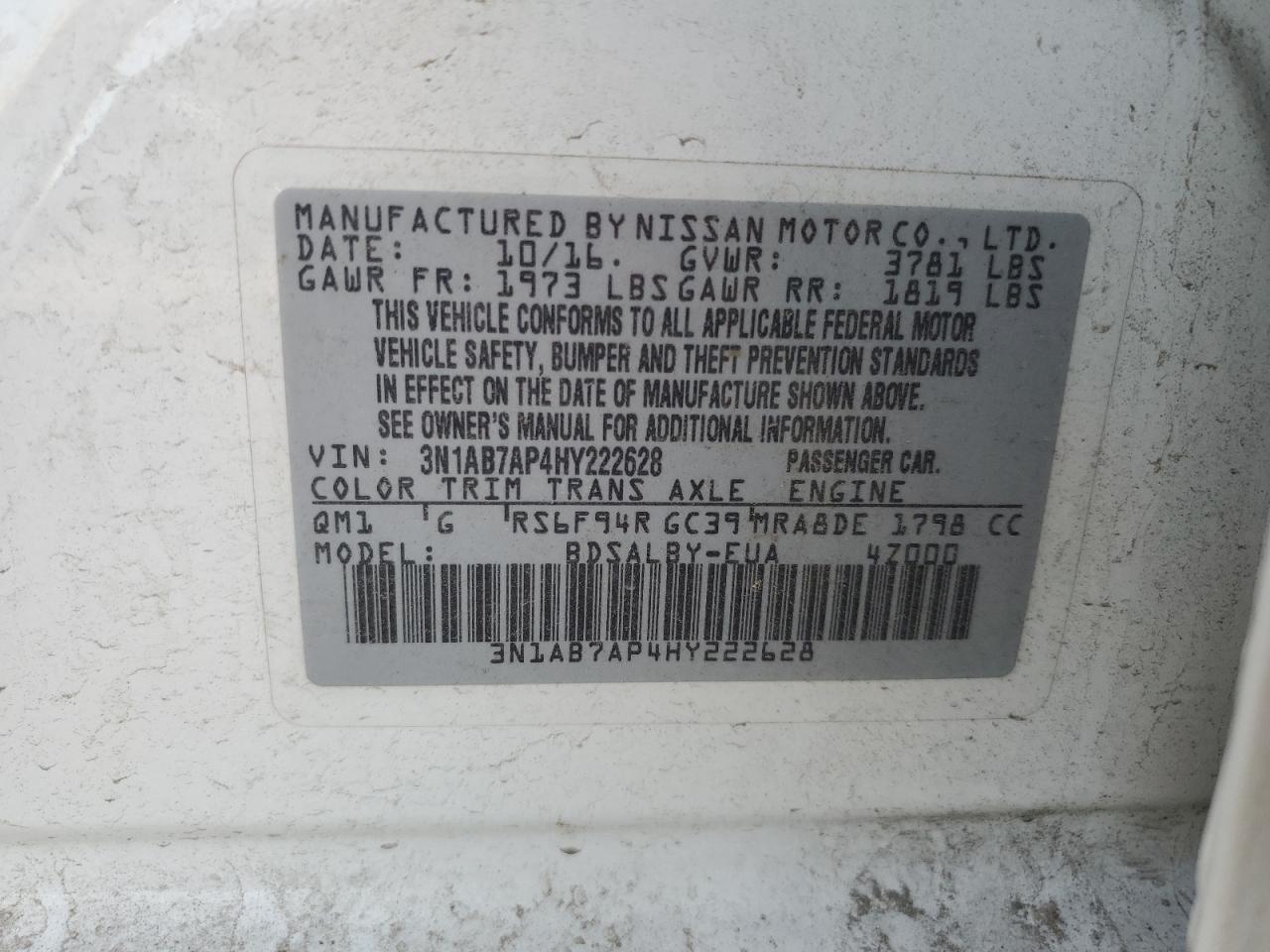 2017 Nissan Sentra VIN 3N1AB7AP4HY222628 Copart auction photo, front end damage thumbnail 13