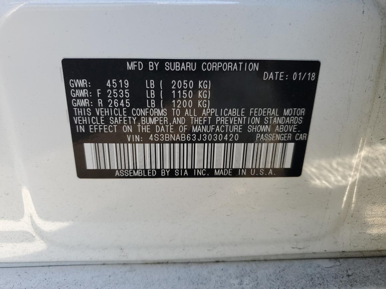 2018 Subaru Legacy VIN 4S3BNAB63J3030420 Copart auction photo, rear end damage thumbnail 14