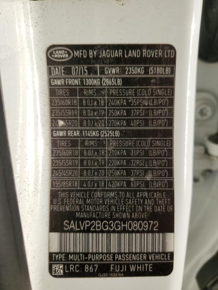2016 Land Rover Range Rover VIN SALVP2BG3GH080972 Copart auction photo, hail / minor dent/scratches damage thumbnail 13