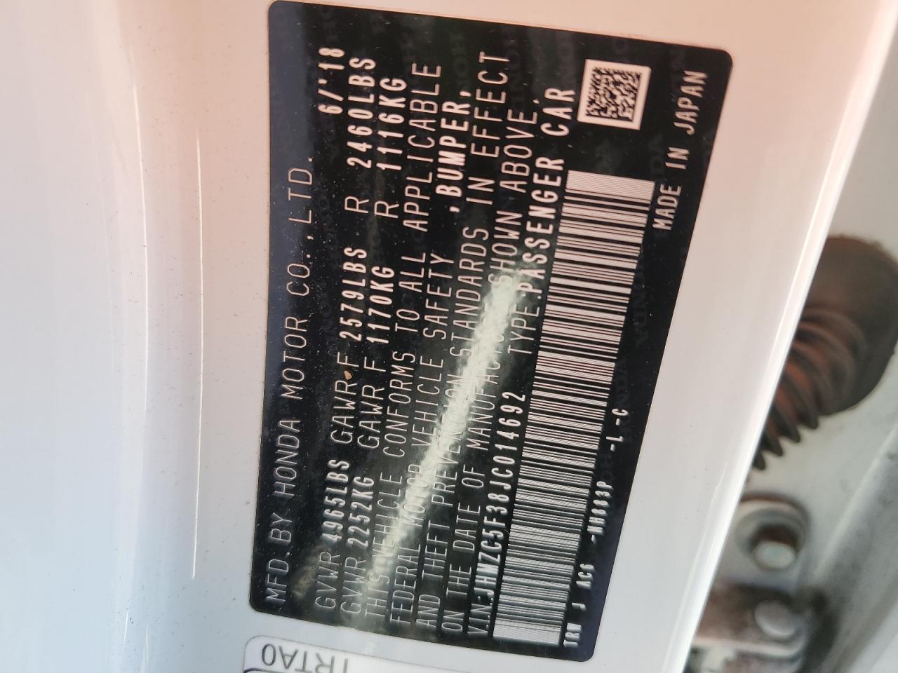 2018 Honda Clarity VIN JHMZC5F38JC014692 Copart auction photo, all over damage thumbnail 15
