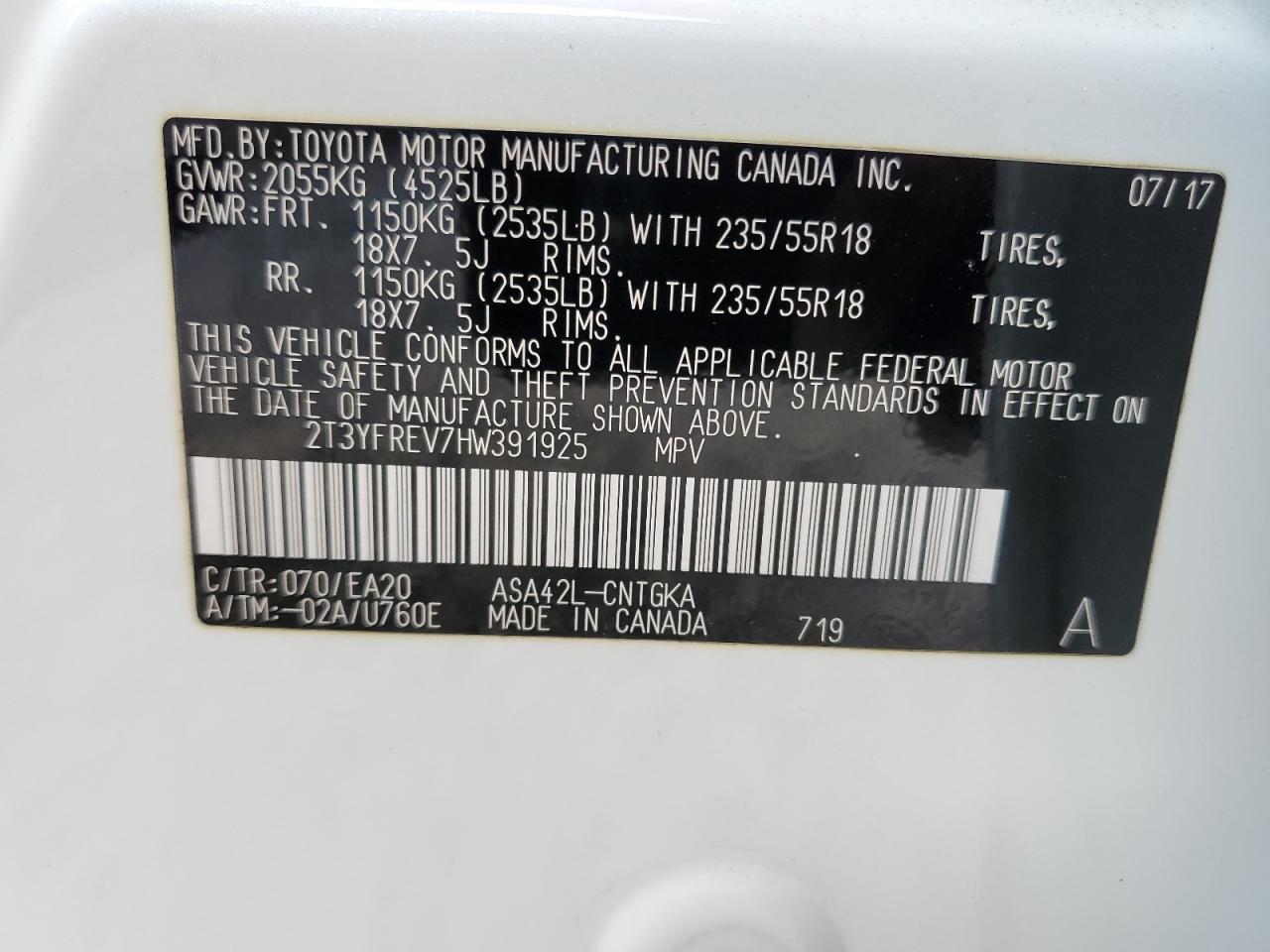 2017 Toyota RAV 4 VIN 2T3YFREV7HW391925 Copart auction photo, front end damage thumbnail 16