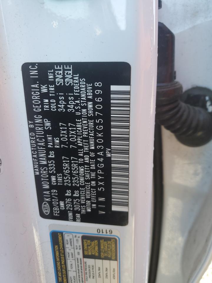 2019 KIA Sorento VIN 5XYPG4A30KG570698 Copart auction photo, front end damage thumbnail 12