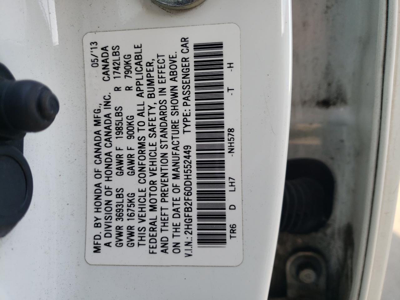 2013 Honda Civic VIN 2HGFB2F60DH552449 Copart auction photo, all over damage thumbnail 12