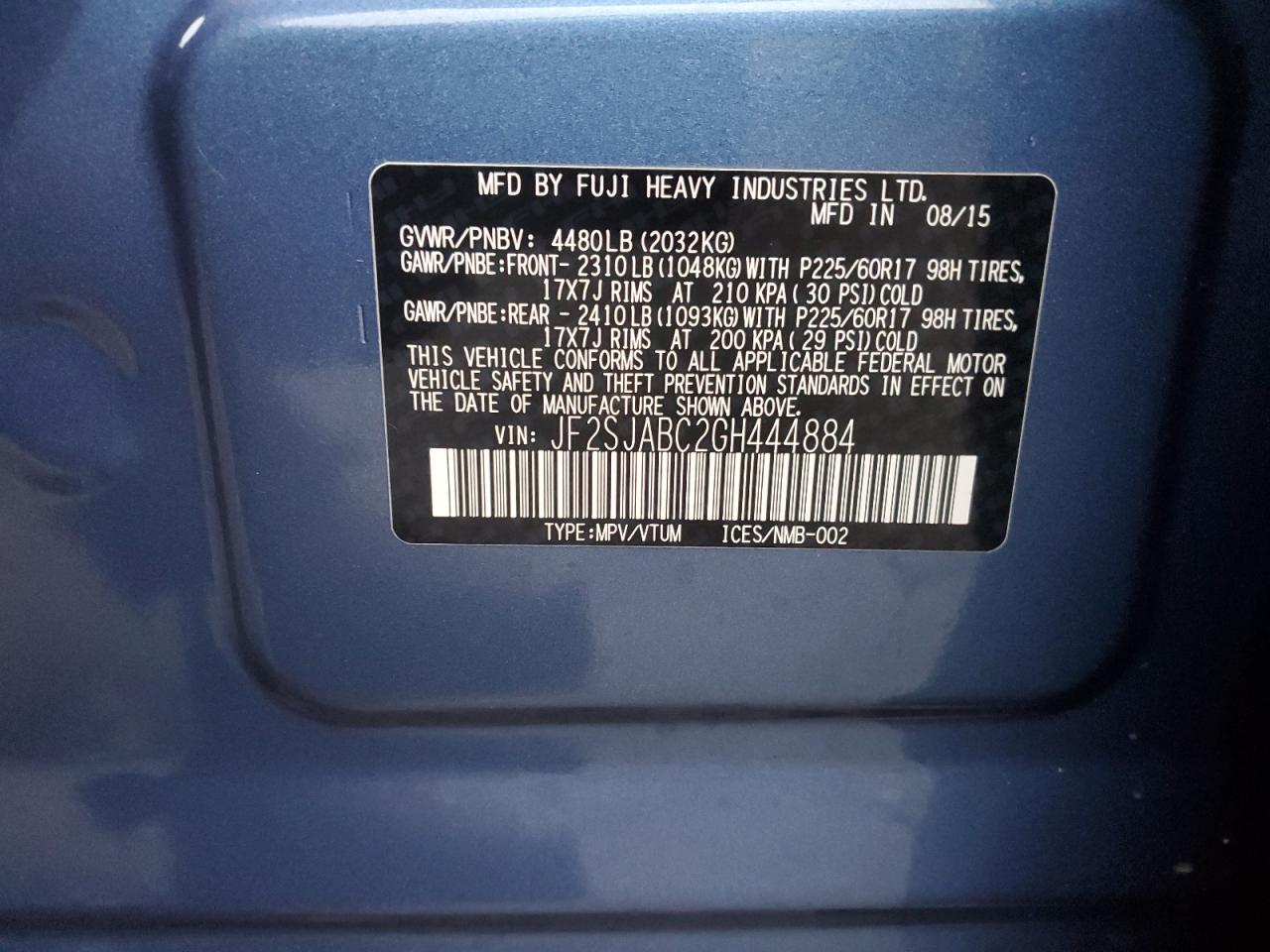 2016 Subaru Forester VIN JF2SJABC2GH444884 Copart auction photo, front end damage thumbnail 12