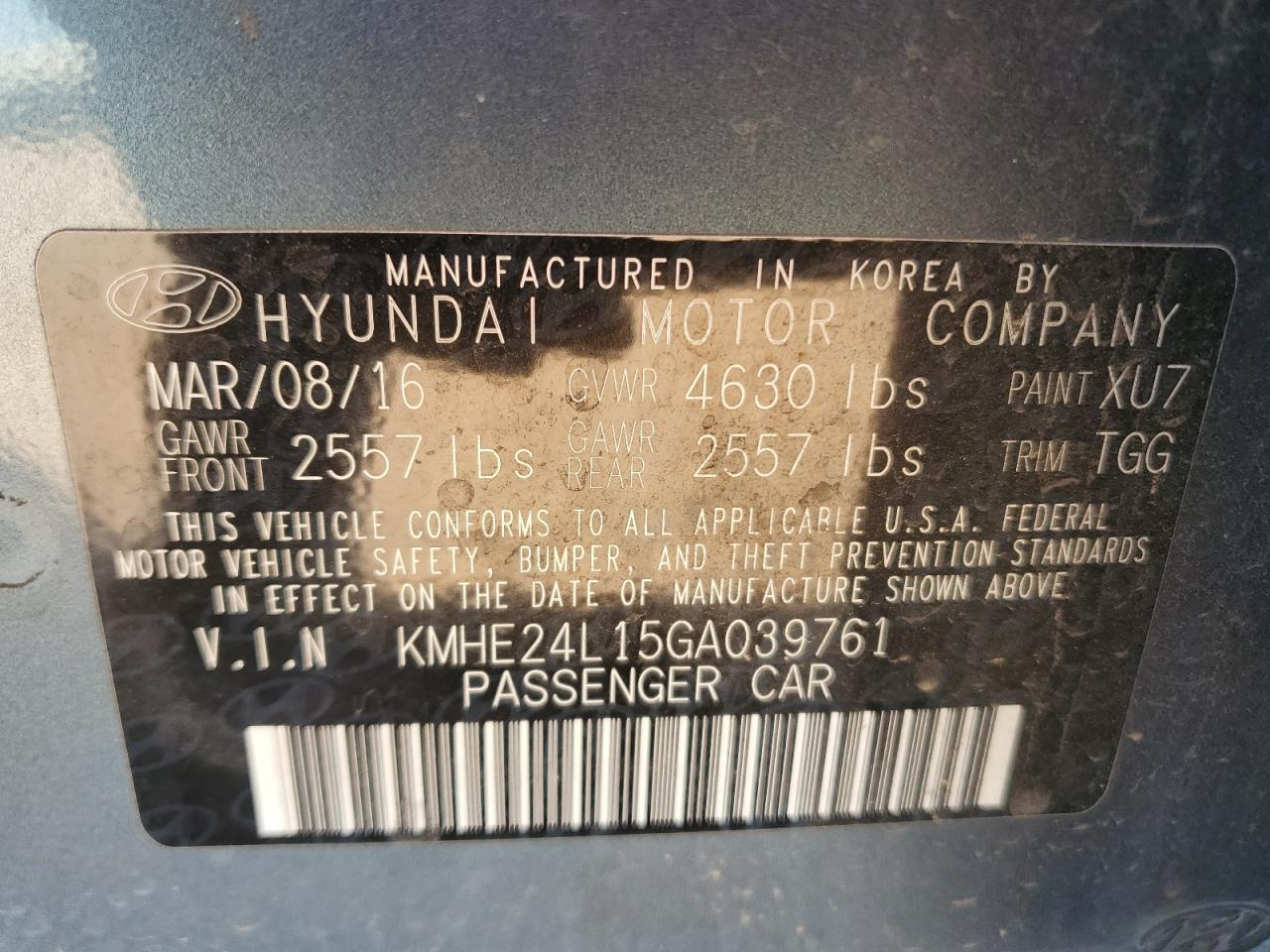 2016 Hyundai Sonata VIN KMHE24L15GA039761 Copart auction photo, front end damage thumbnail 13
