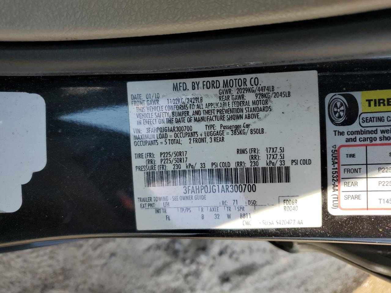 2010 Ford Fusion VIN 3FAHP0JG1AR300700 Copart auction photo, front end damage thumbnail 12