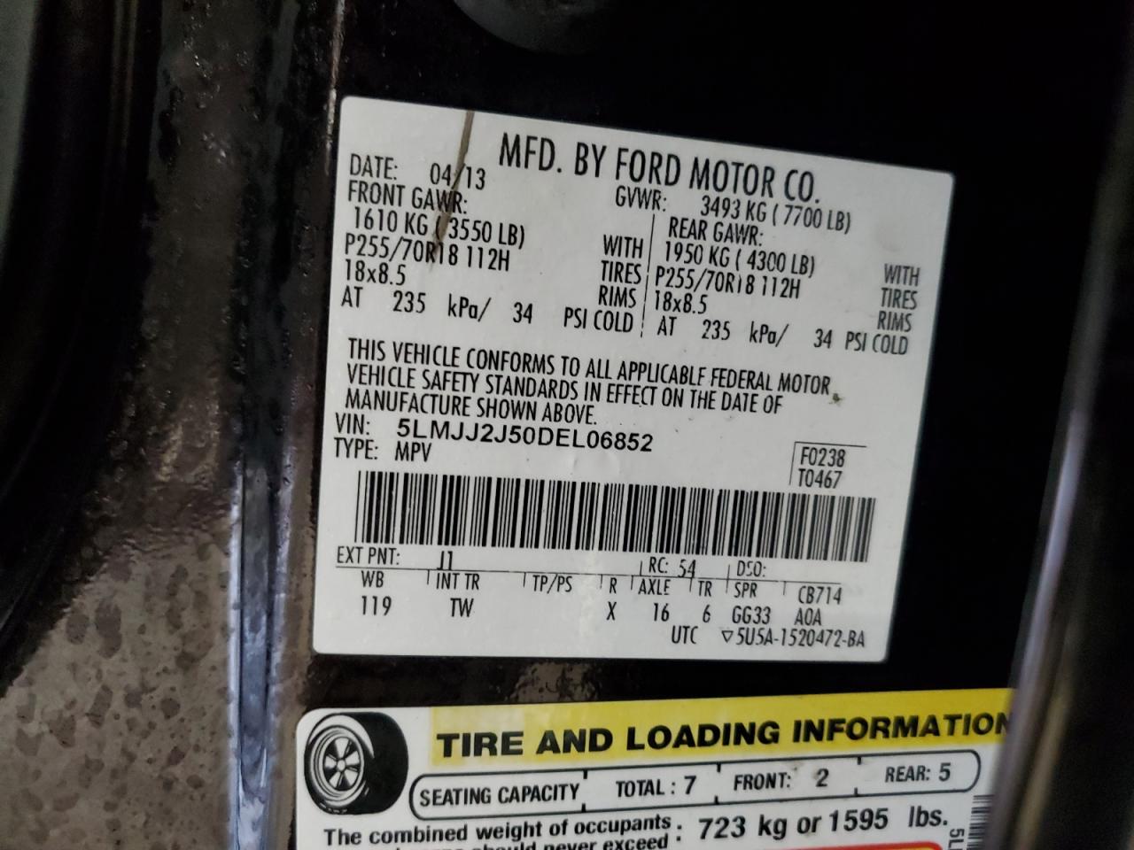 2013 Lincoln Navigator VIN 5LMJJ2J50DEL06852 Copart auction photo, mechanical / normal wear damage thumbnail 13
