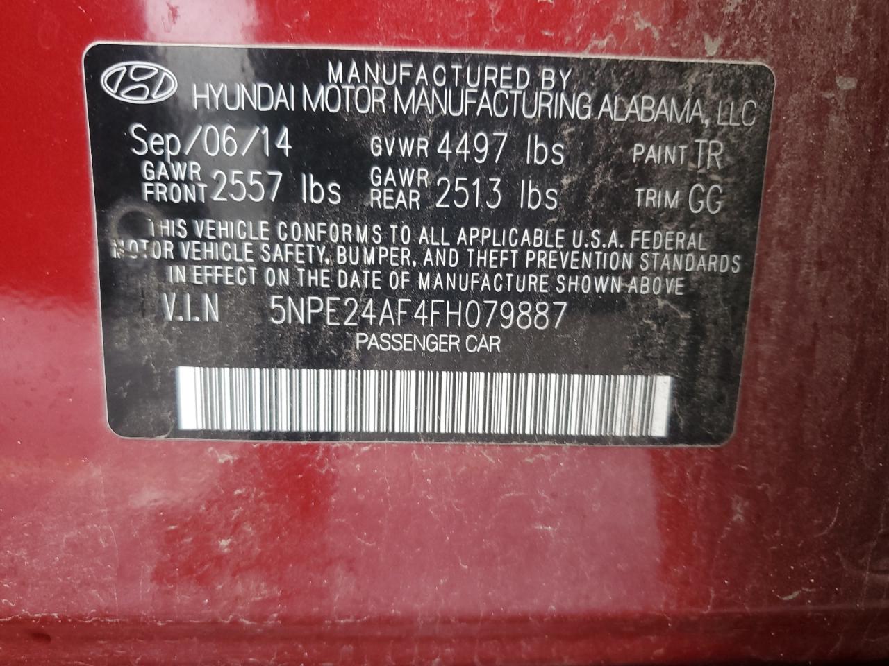 2015 Hyundai Sonata VIN 5NPE24AF4FH079887 Copart auction photo, rear end / front end damage thumbnail 12
