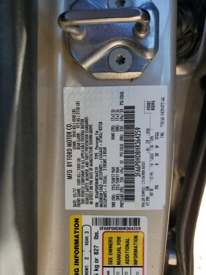 2017 Ford Fusion VIN 3FA6P0HD8HR364259 Copart auction photo, front end damage thumbnail 13