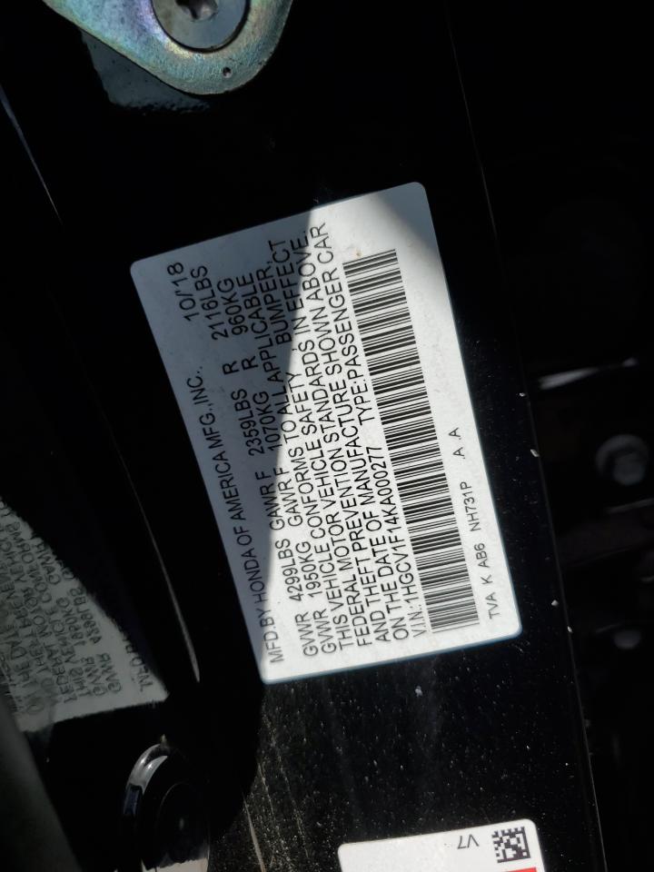 2019 Honda Accord VIN 1HGCV1F14KA000277 Copart auction photo, front end / rear end damage thumbnail 14