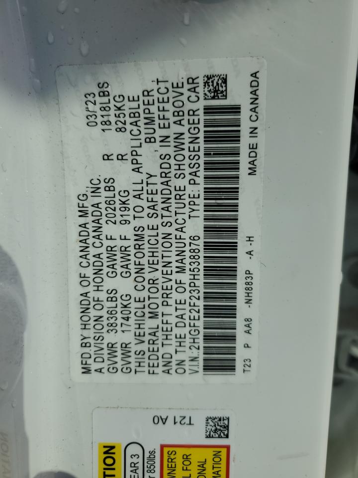 2023 Honda Civic VIN 2HGFE2F23PH538876 Copart auction photo, front end / all over damage thumbnail 12