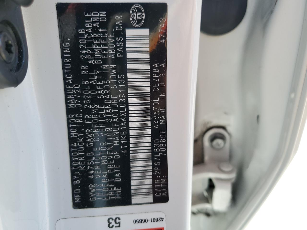 2020 Toyota Camry VIN 4T1K61AKXLU381135 Copart auction photo, rear end / side damage thumbnail 14