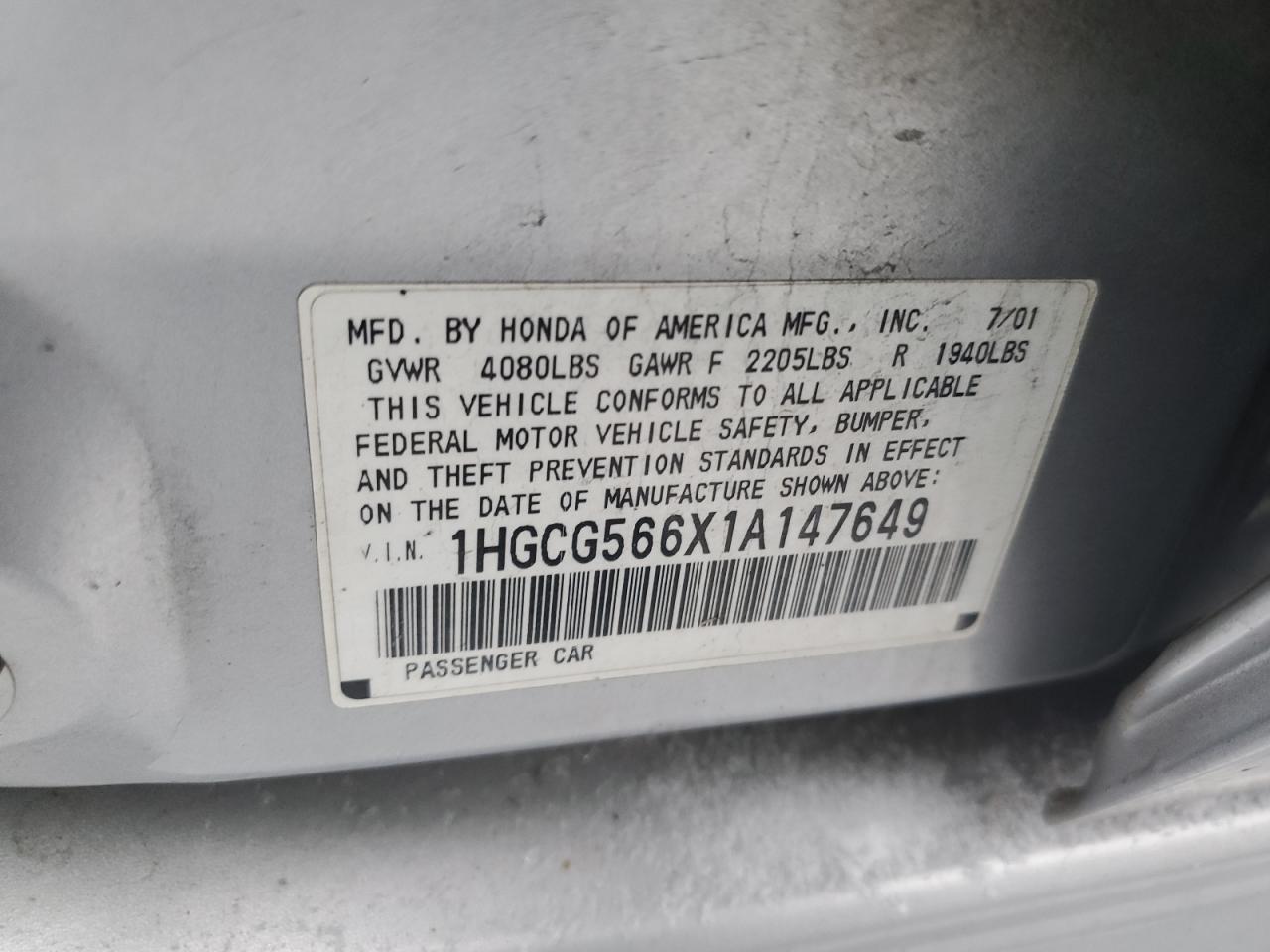 2001 Honda Accord VIN 1HGCG566X1A147649 Copart auction photo, all over damage thumbnail 12