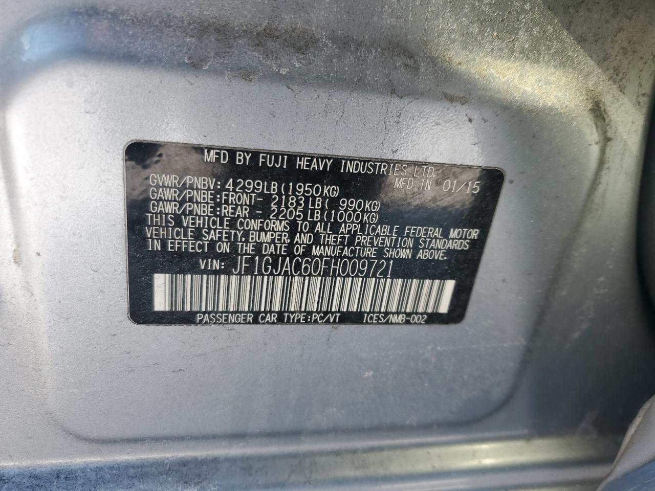 2015 Subaru Impreza VIN JF1GJAC60FH009721 Copart auction photo, rear end damage thumbnail 12