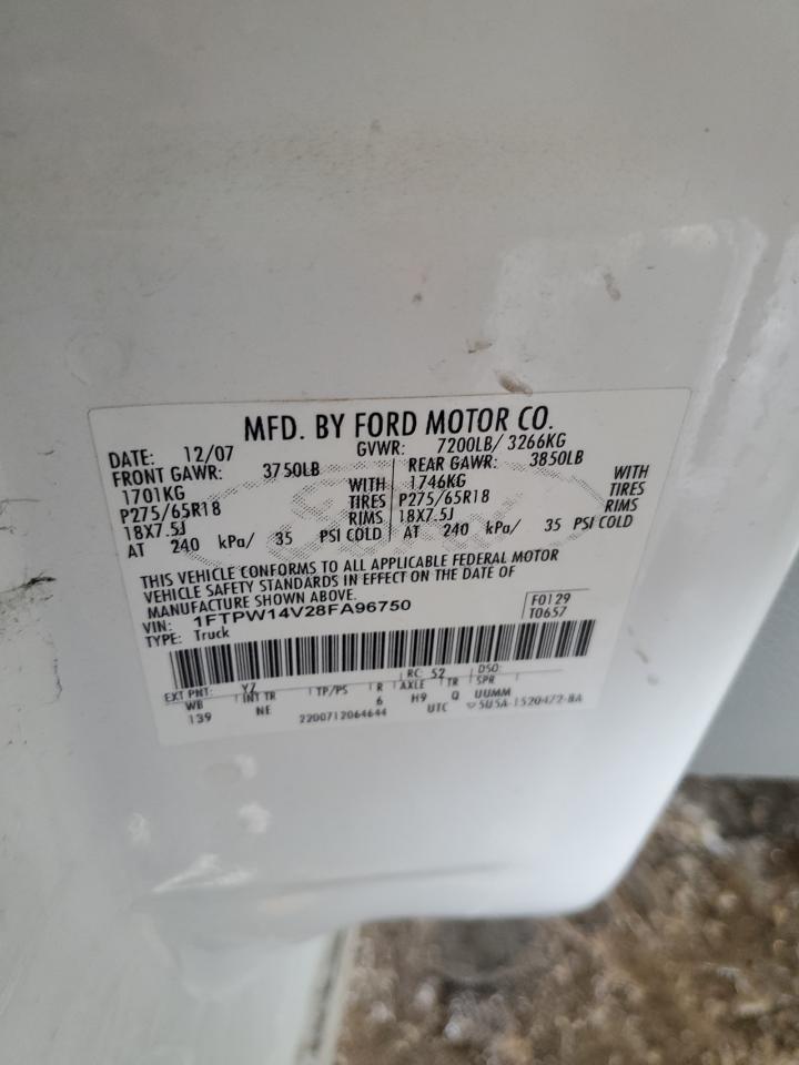 2008 Ford F-150 VIN 1FTPW14V28FA96750 Copart auction photo, front end damage thumbnail 12