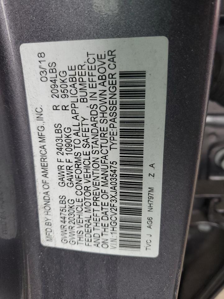 2018 Honda Accord VIN 1HGCV2F3XJA035475 Copart auction photo, front end damage thumbnail 15
