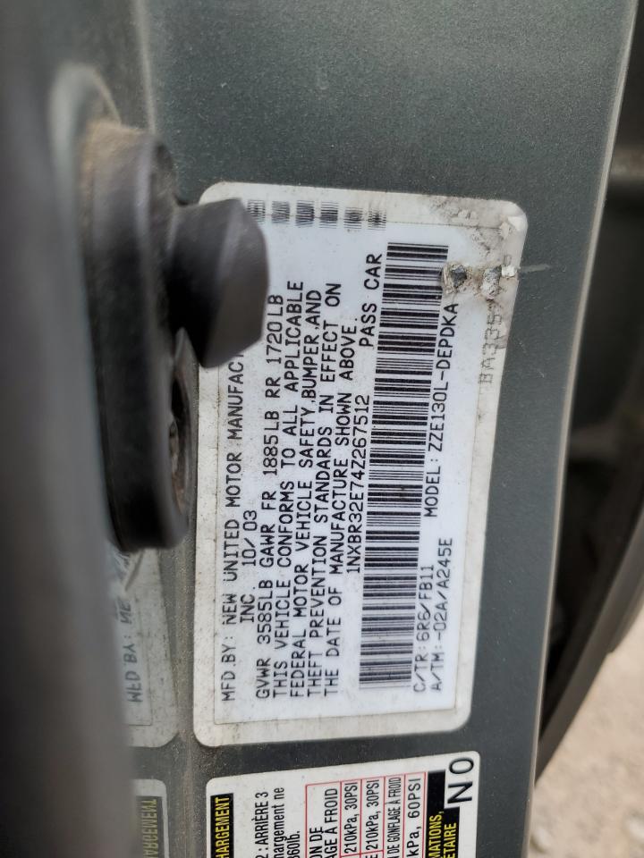 2004 Toyota Corolla VIN 1NXBR32E74Z267512 Copart auction photo, front end / side damage thumbnail 14