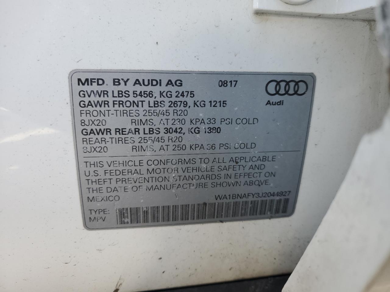 2018 Audi Q5 VIN WA1BNAFY3J2044927 Copart auction photo, water/flood / top/roof damage thumbnail 13