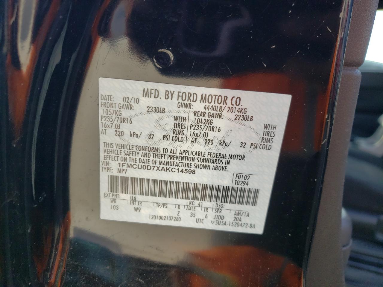 2010 Ford Escape VIN 1FMCU0D7XAKC14598 Copart auction photo, rear end damage thumbnail 13