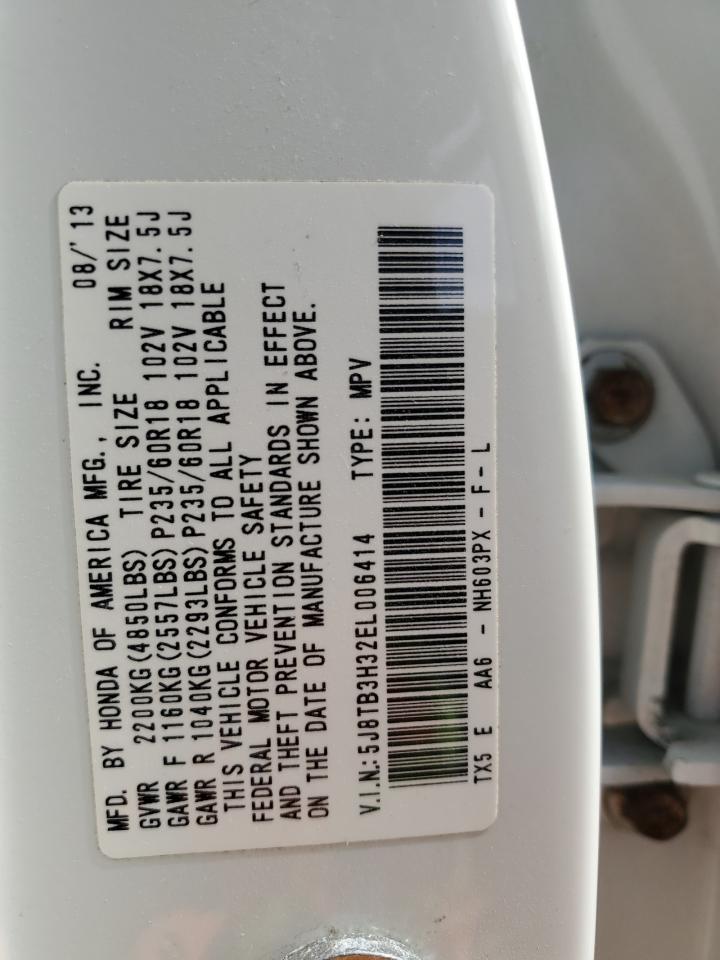 2014 Acura RDX VIN 5J8TB3H32EL006414 Copart auction photo, front end / water/flood damage thumbnail 14