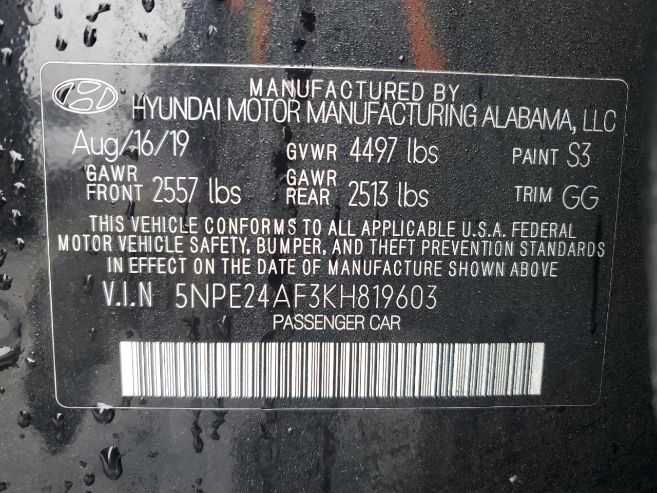2019 Hyundai Sonata VIN 5NPE24AF3KH819603 Copart auction photo, rear end damage thumbnail 15