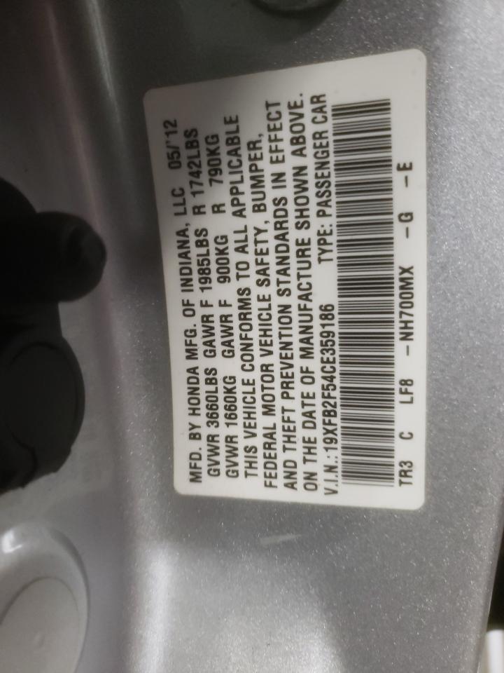 2012 Honda Civic VIN 19XFB2F54CE359186 Copart auction photo, water/flood damage thumbnail 12